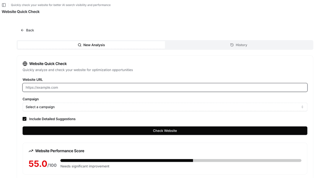 Website Quick Check tool with performance score and analysis form